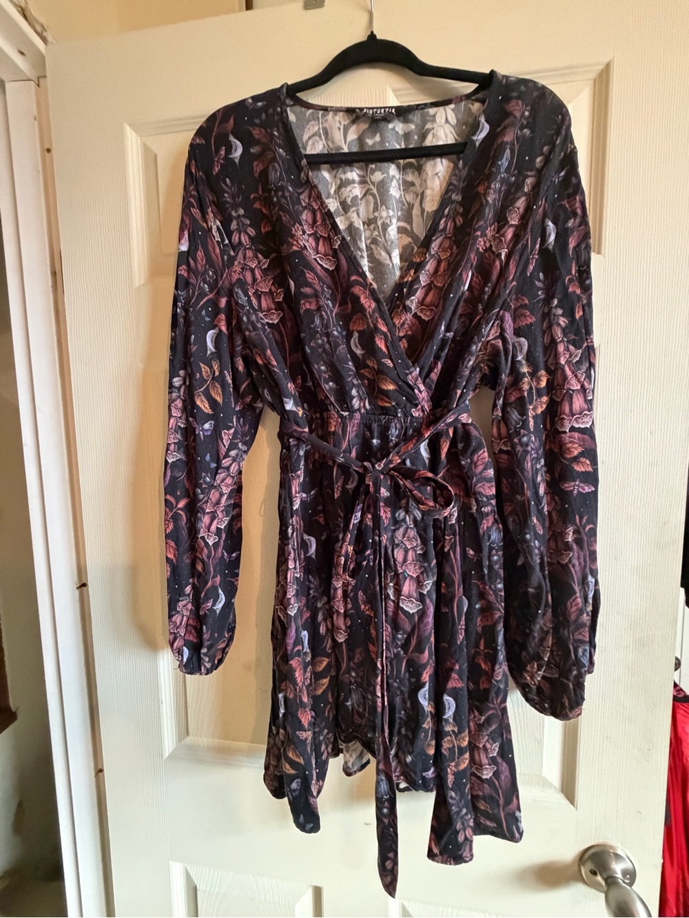 Disturbia Black Floral Wrap Dress with Mauve Accents